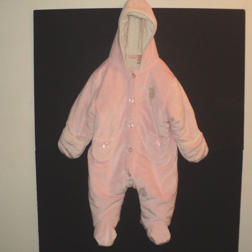 U.S. Polo Assn. Girl's 6-9 Mos Pink Bunting Pram Plush Hooded